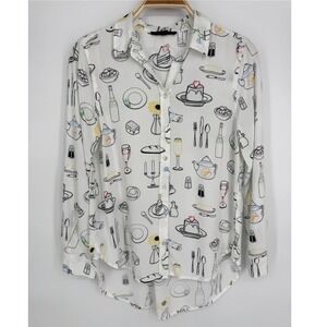 Jane + Delancey Novelty Print Button Down Shirt Medium White Tea Party Whimsical